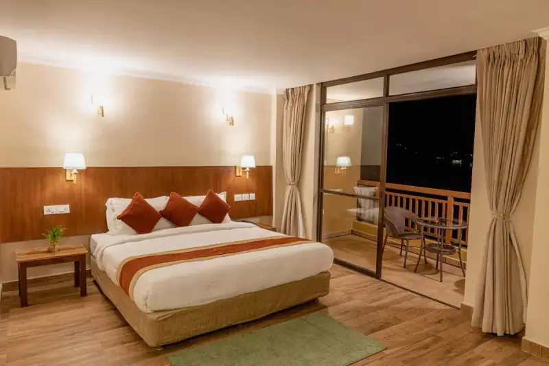Exterior architecture and grounds of Hotel Fewa Camp in Pokhara, Nepal