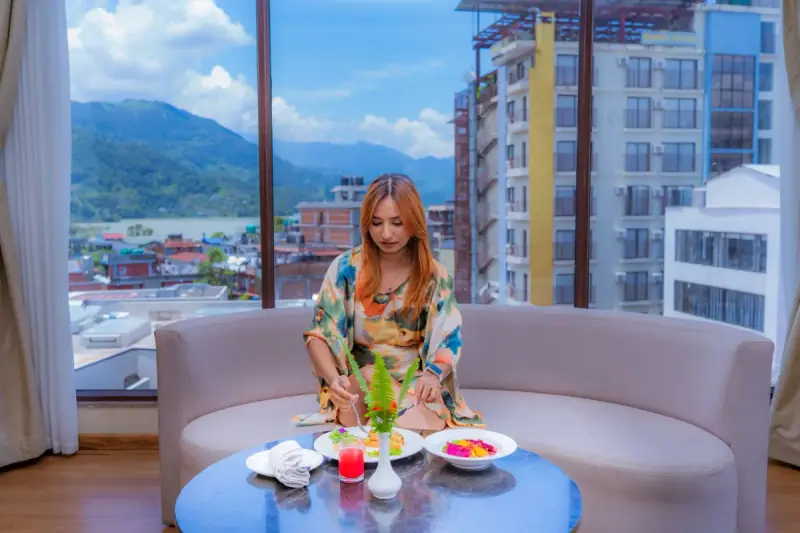 Exterior architecture and grounds of Temple Himalaya Hotel & Spa in Pokhara, Nepal