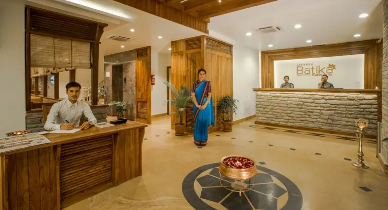 Exterior architecture and grounds of Hotel Pokhara Batika in Pokhara, Nepal