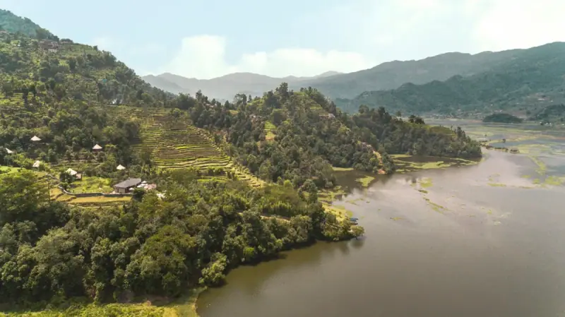 Exterior architecture and grounds of The Pavilions Himalayas Lake View in Pokhara, Nepal