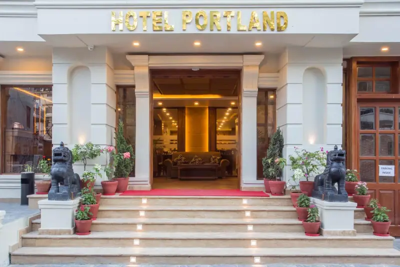 Exterior architecture and grounds of Hotel Portland in Pokhara, Nepal