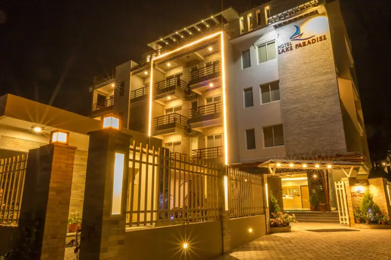 Exterior architecture and grounds of Hotel Lake Paradise in Pokhara, Nepal