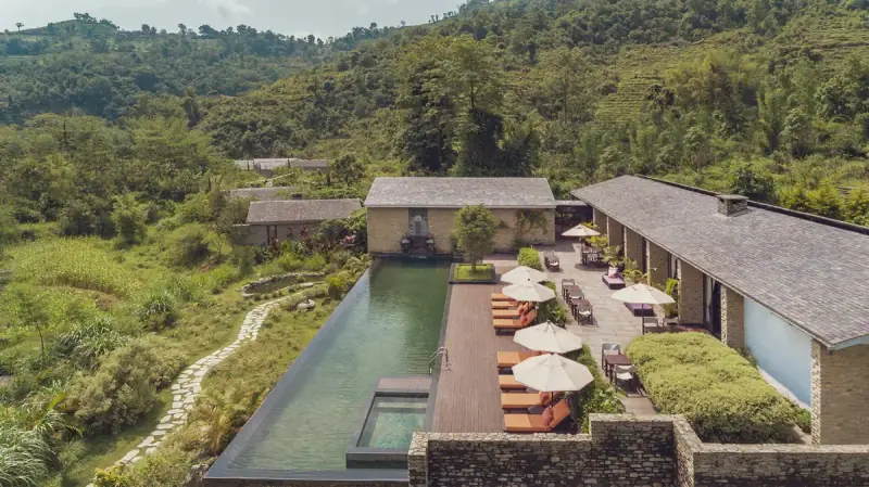 Exterior architecture and grounds of The Pavilions Himalayas The Farm in Pokhara, Nepal