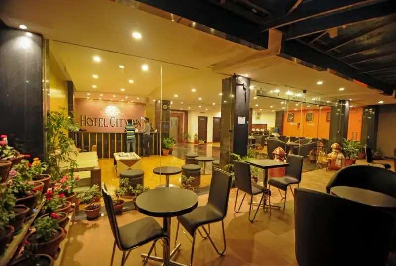 Exterior architecture and grounds of Hotel City Inn in Pokhara, Nepal