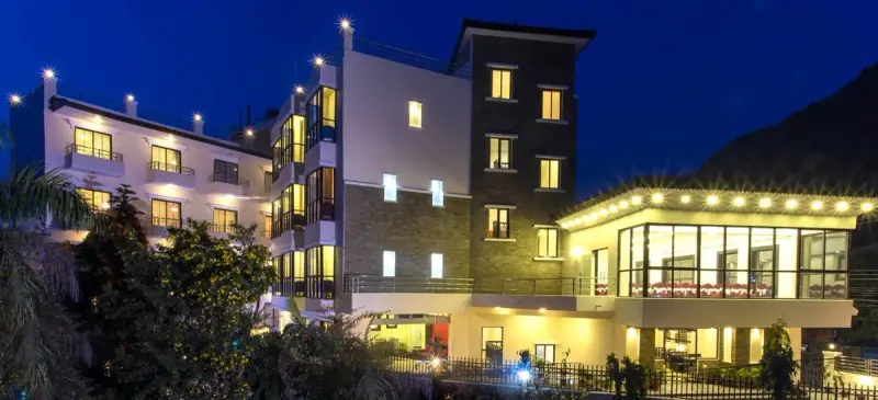 Exterior architecture and grounds of Tuki Resort in Pokhara, Nepal