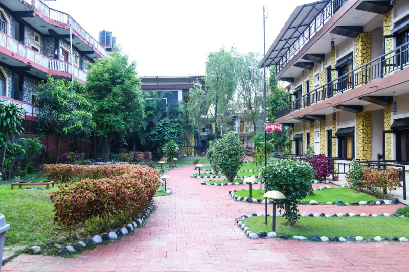 Exterior architecture and grounds of Moonlight Resort and Spa in Pokhara, Nepal